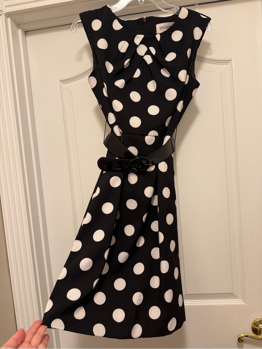 Studio I Black and White Polka Dot Midi Dress with Belt